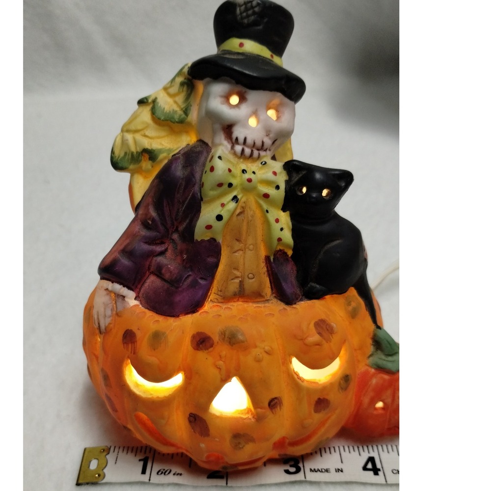 Vintage Prisco Halloween Scarecrow Cat Pumpkin Ceramic Light Up Decoration